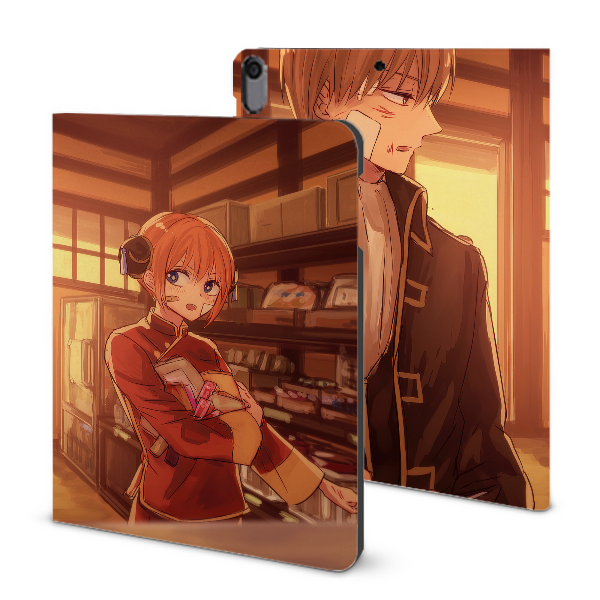 ぎんたま 坂田銀時（さかたぎんとき） 神楽 志村新八（しむら しんぱち） GINTAMA Sakata Gintoki Kagura Shimura Shinpachi IPad ケース ブック型 PUレザー TPU 耐衝撃 軽量 薄型 ペン収納なし 全面保護 IPad 各モデル対応